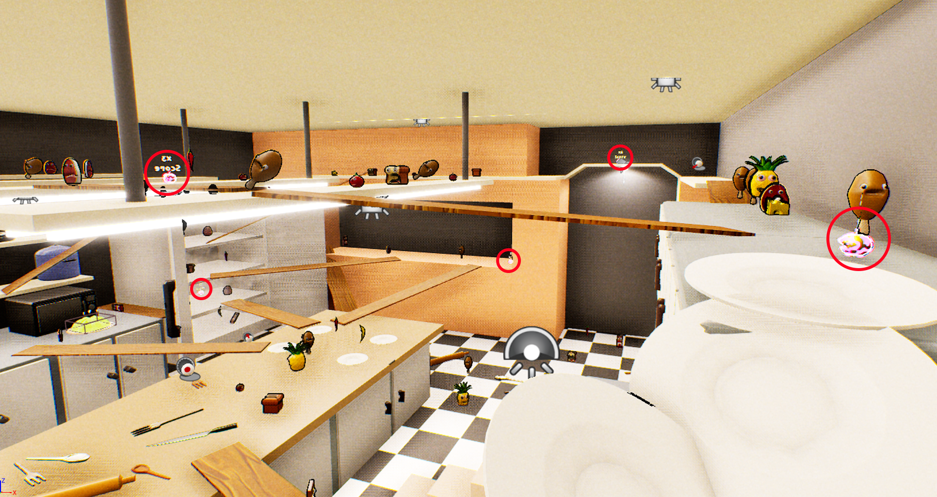 Overview of kitchen highlighting golden apple placement