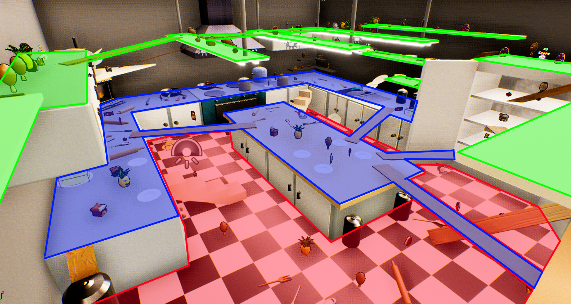 Overview of kitchen highlighting the main areas of elevation