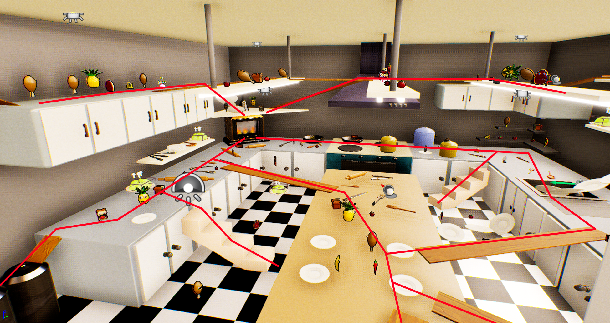 Overview of kitchen highlighting golden apple placement