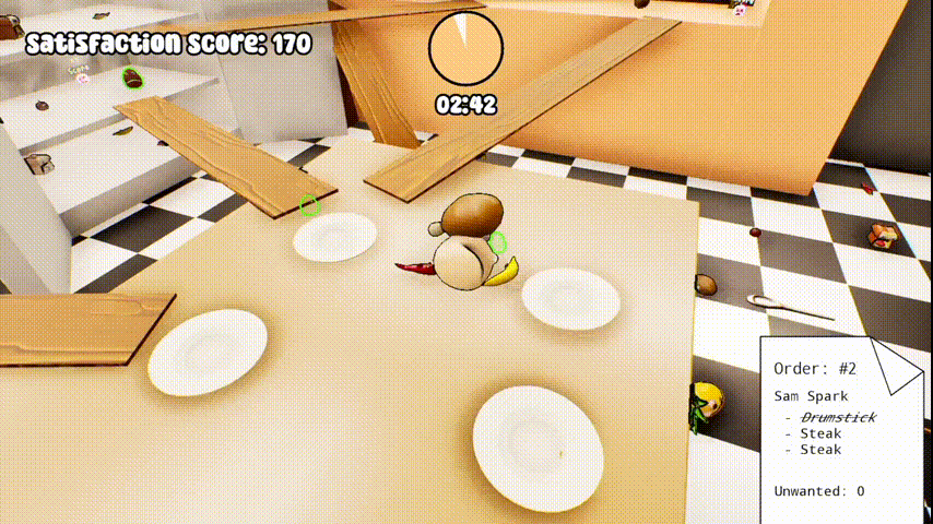 A ball of pizza dough with a chicken drumstick and a steak stuck to it rolls around a kitchen, bounces on jelly, and jumps into an oven