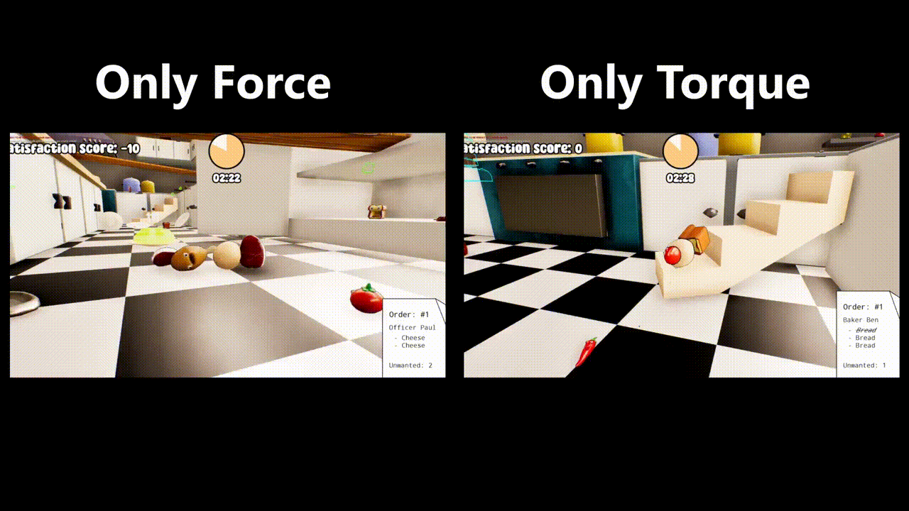 Movement with just force applied compared to movement with just torque